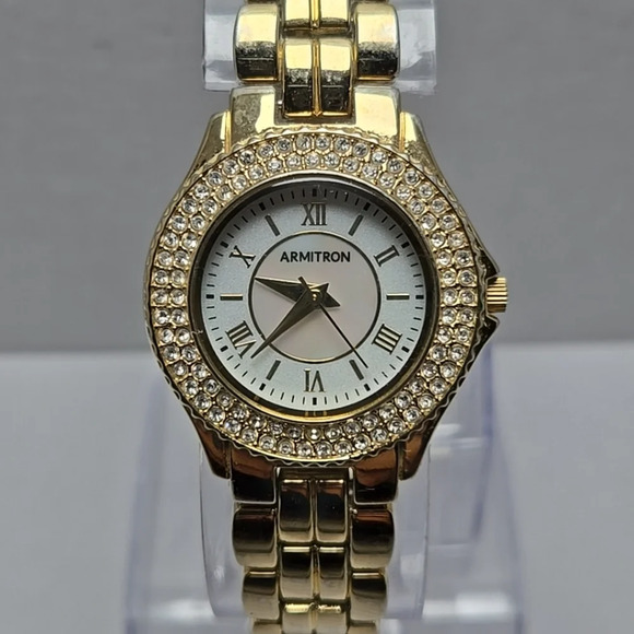 Womens Armitron Crystal Gold Tone Bezel MOP Dial New Battery 30mm 75/5332 - Picture 1 of 16